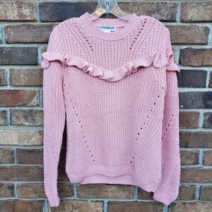 Cotton Emporium Pink Crewneck Ruffle-Trim Sweater